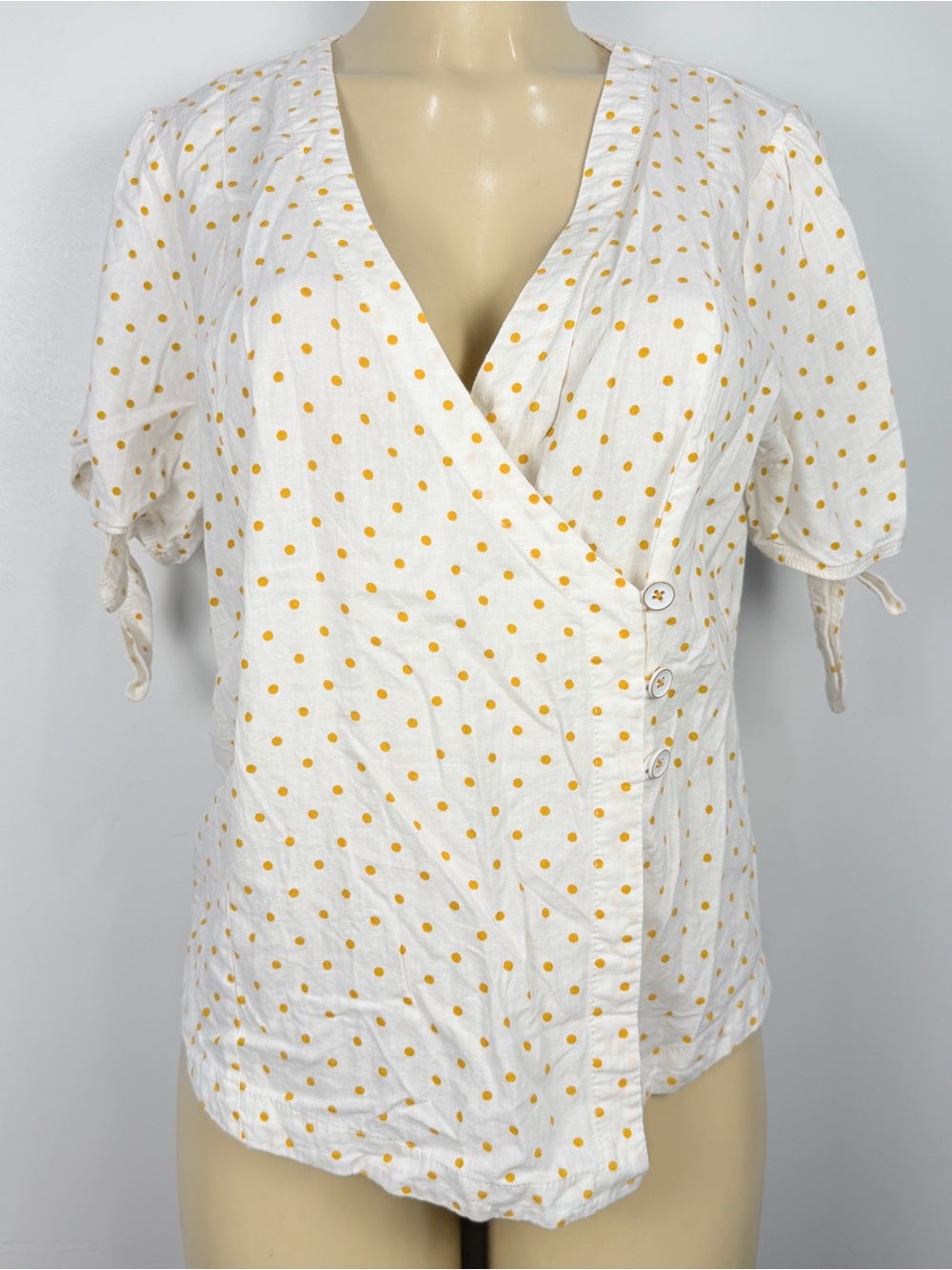 Maeve Anthropologie Louise Wrap Top Sz 14 Polka Dots Linen Blend Shirt
